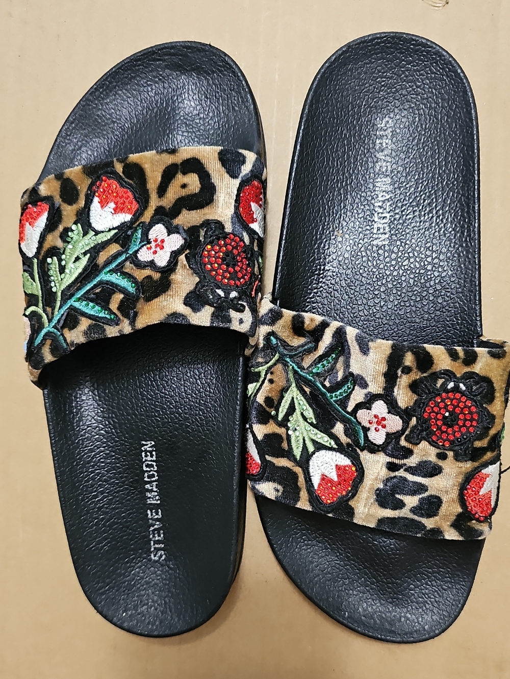 Steve Madden Leopard Floral Embroidered Slide Sandals in Black, Tan & Red